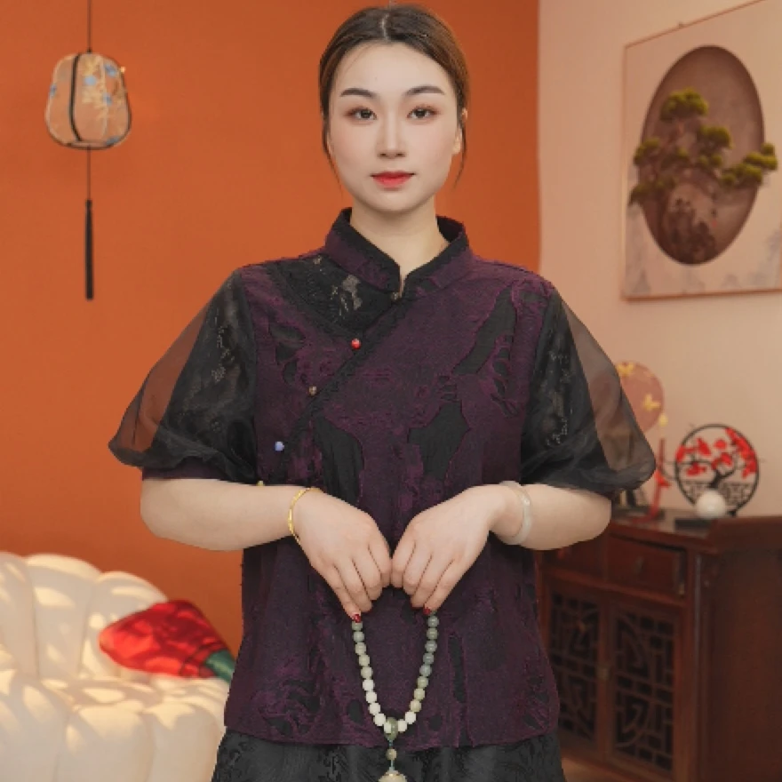 红熹潮【红熹潮100黑/紫色】夏季新中式气质提花圆领镂空透气款上衣