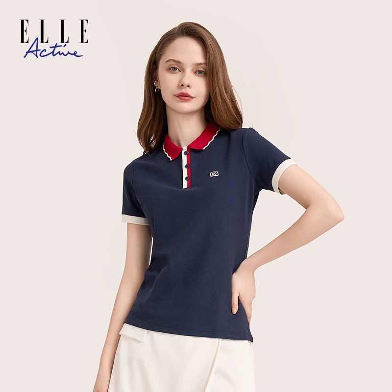 ELLE Active【刺绣领】夏季女装百搭精致撞色翻领短袖POLO衫上衣女