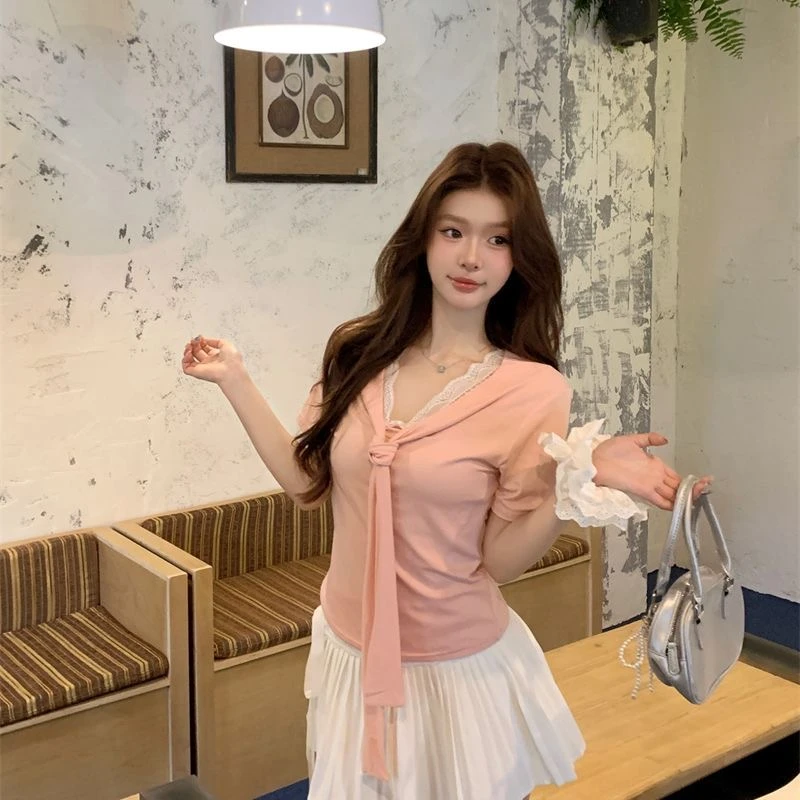 纯棉美式正肩国潮牌短袖t恤女夏季纯欲V领蕾丝拼接假两件上衣ins