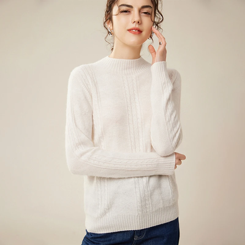 25新款100%山羊绒女款扭花加厚针织宽松女针织羊绒衫半高领毛衣