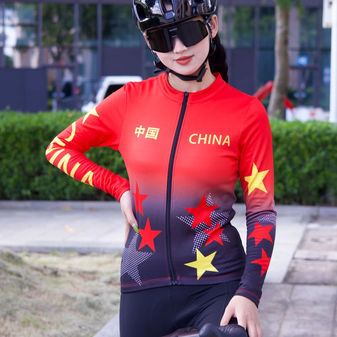 加绒长袖骑行服中国红公路车山地车秋冬防风保暖骑行装备