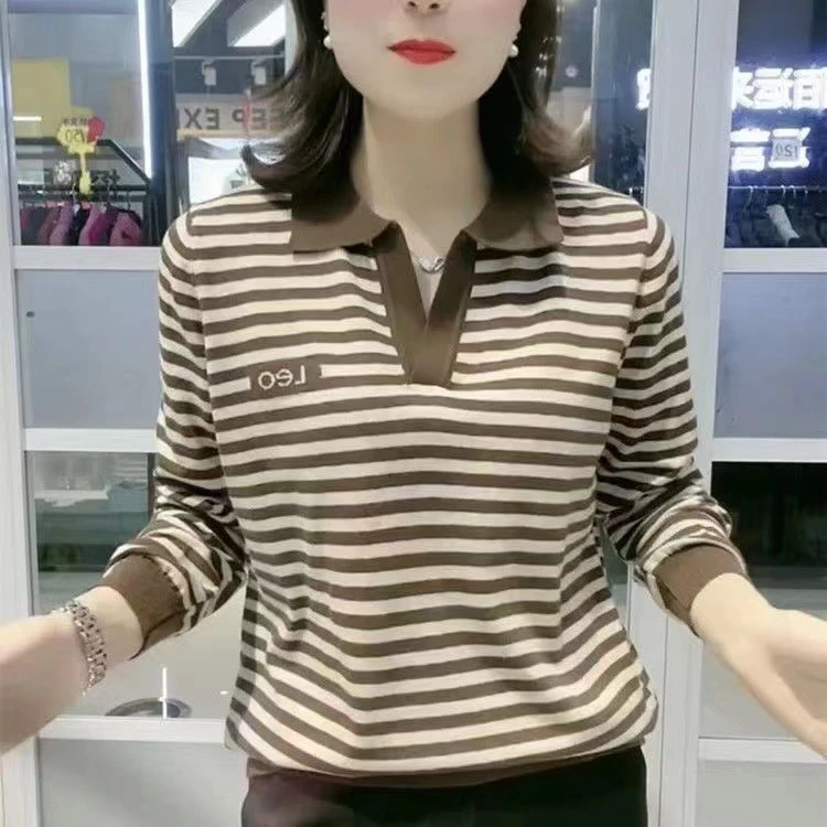 2025春秋时尚妈妈装新款大码女装长袖上衣中年条纹显瘦减龄Polo衫
