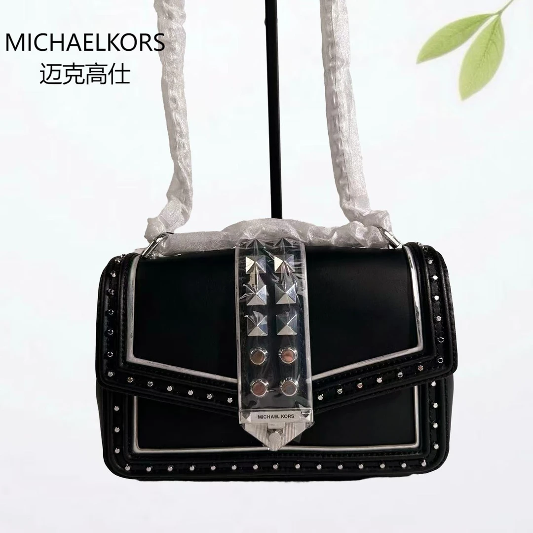 99新 MICHAEL KORS/迈克高仕 黑银铆钉单肩包G25804489底长24X16