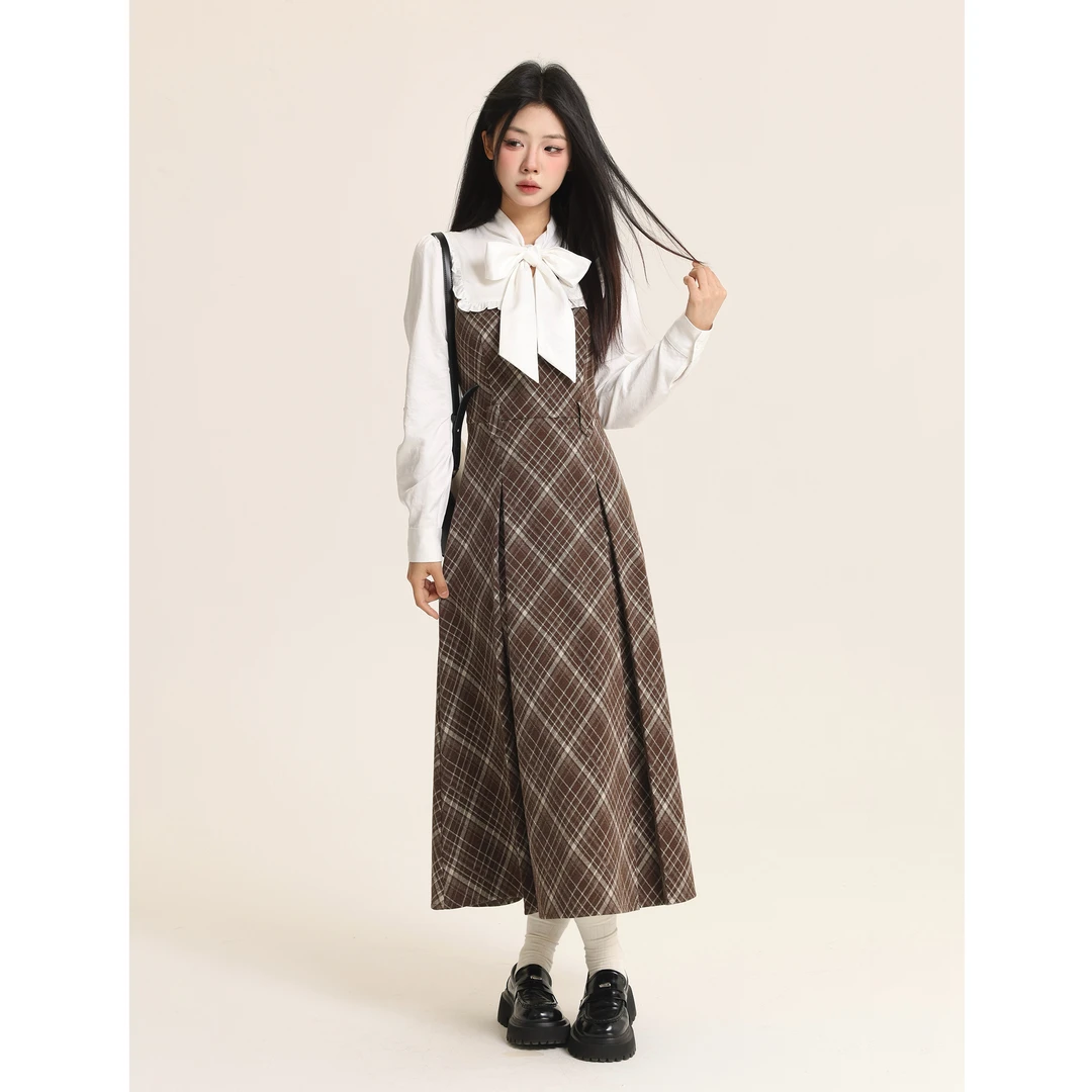 【小野莓】韩版气质复古收腰显瘦绑带设计假两件格子连衣裙BL46456