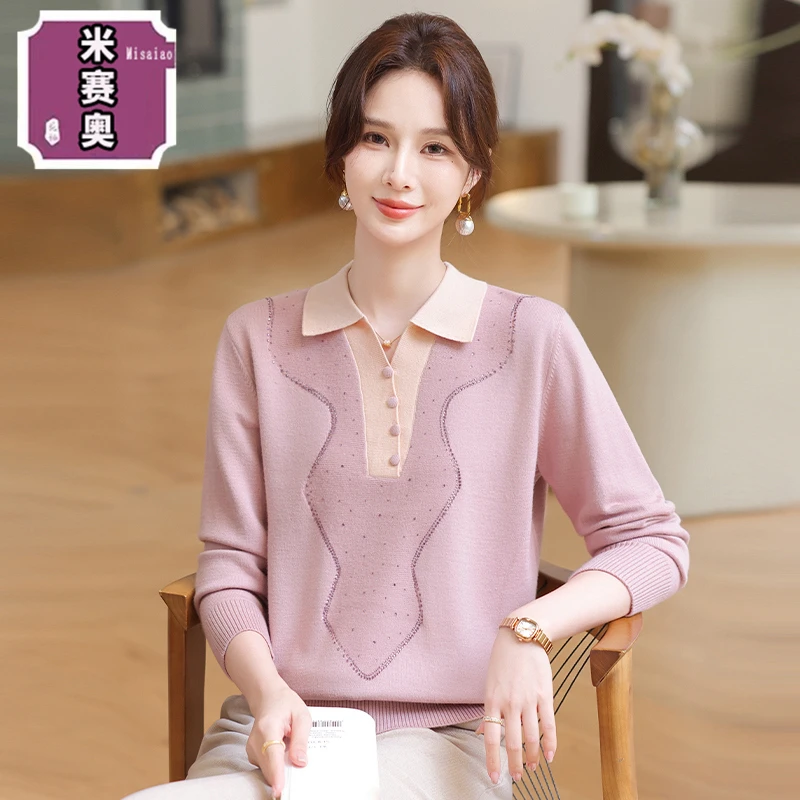 妈妈装翻领秋装针织打底衫毛衣2025新款中老年女秋冬时尚宽松上衣