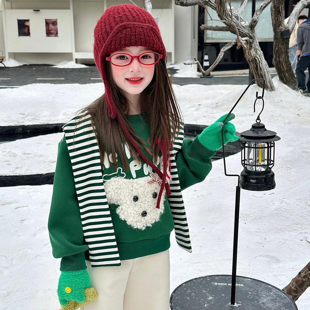 【大清仓】童装女童立体小熊加绒卫衣2025冬季儿童假两件披肩上衣