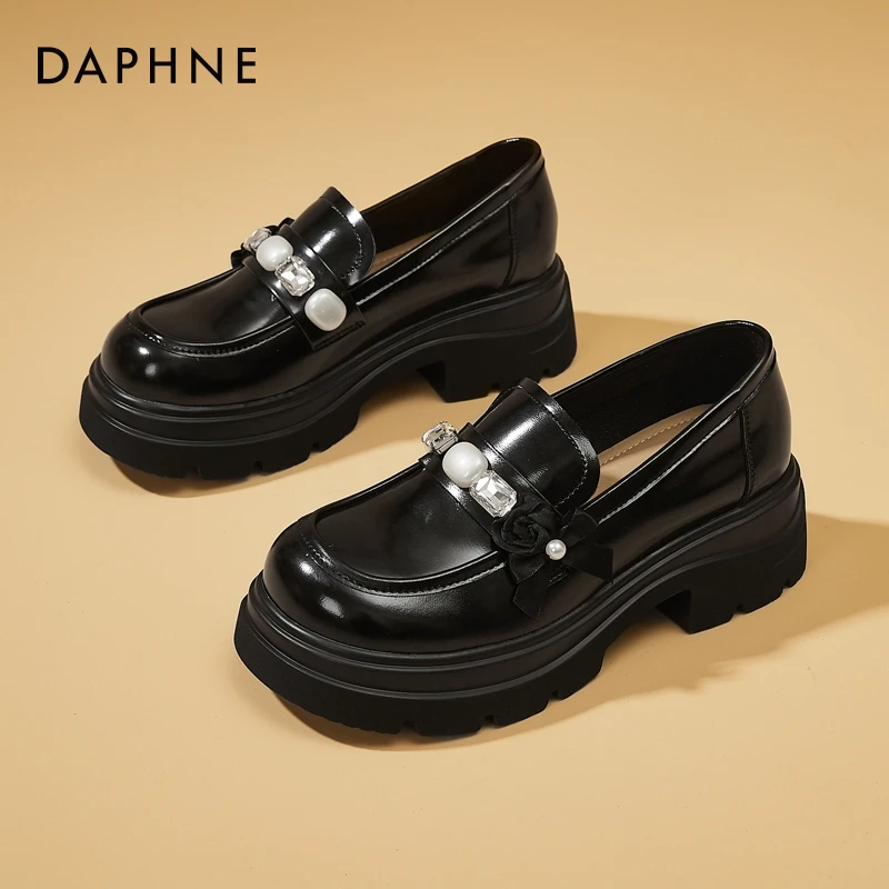 达芙妮厚底乐福鞋女2025春新款英伦风松糕鞋百搭小皮鞋蝴蝶结单鞋