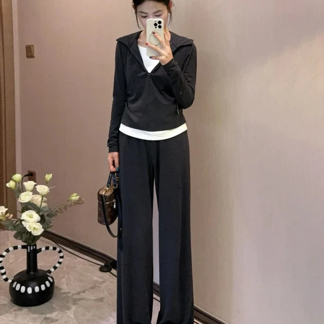 大码胖mm韩系撞色假两件长袖T恤高腰阔腿裤女秋季运动风休闲套装