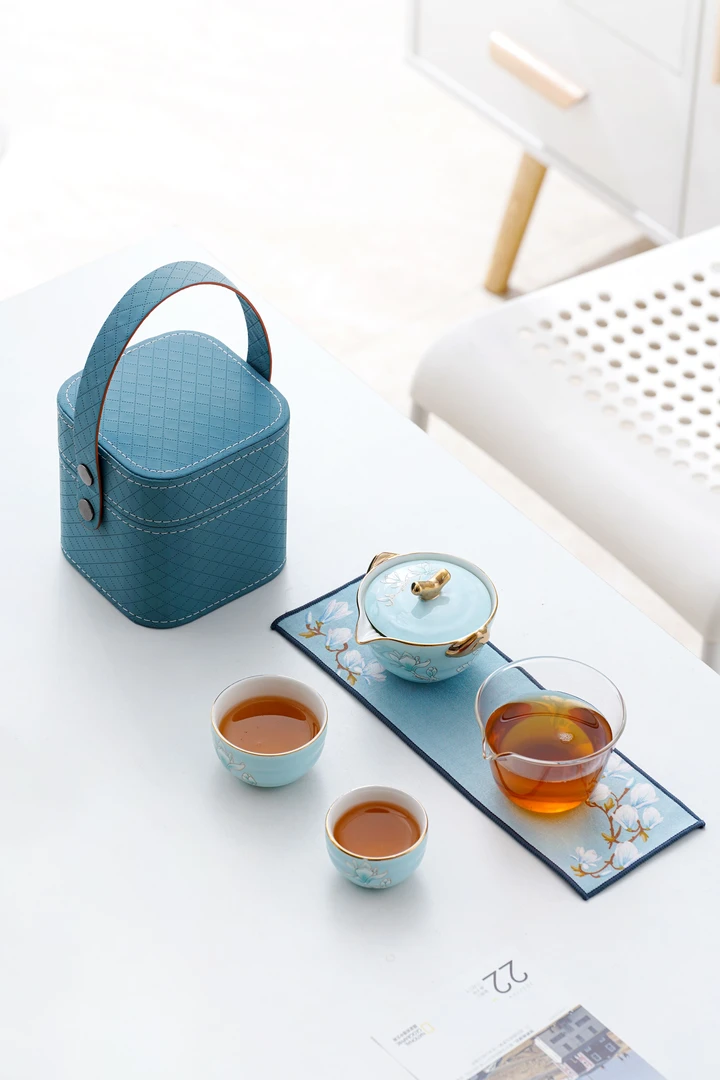 唐煮枝上玉兰茶具陶瓷一壶二杯旅行泡茶套装便携式