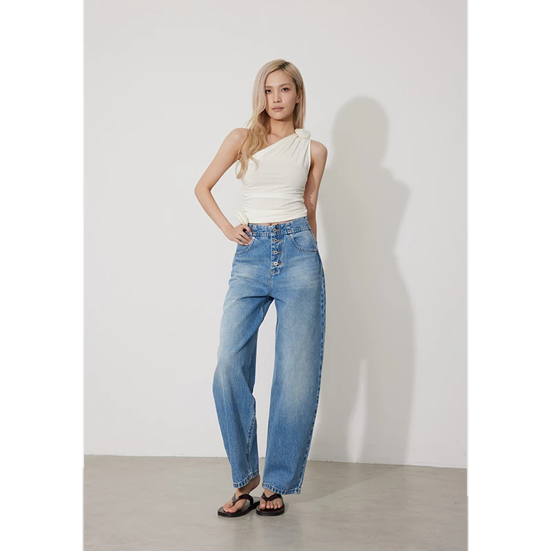 RUGOSAM【老爹裤系列】春中腰女单排扣显瘦牛仔裤RB0281