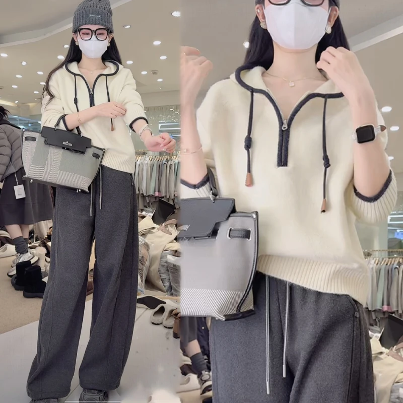 高级感宽松显瘦短款毛衣女秋冬2025新款慵懒风红色软糯连帽针织衫