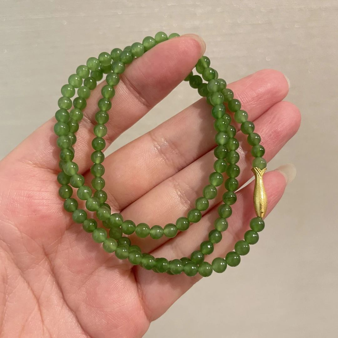 俄料果绿色碧玉小米珠4毫米三圈手串925银配件