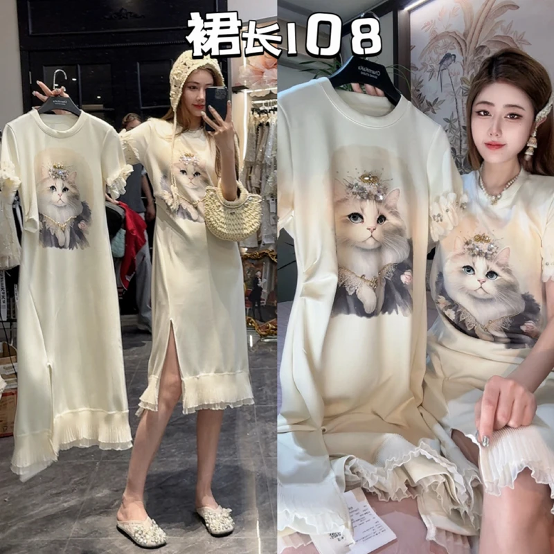 【萌尔轻语】62405轻奢猫咪褶皱木耳边开叉连衣裙