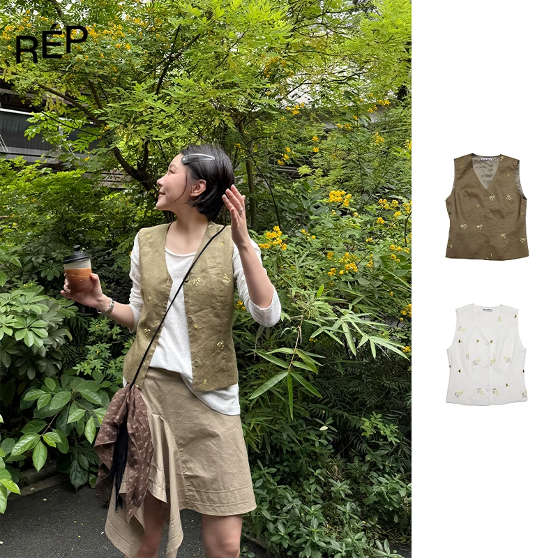 【5折】Puzzle piece设计师品牌 白/绿色花卉刺绣马甲（特价NO退换）