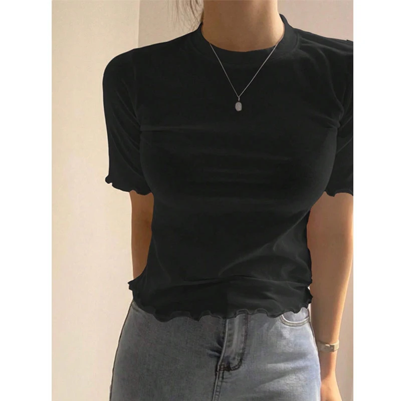 黑色正肩小个子短袖t恤女2025年夏季韩版时尚洋气百搭设计感上衣