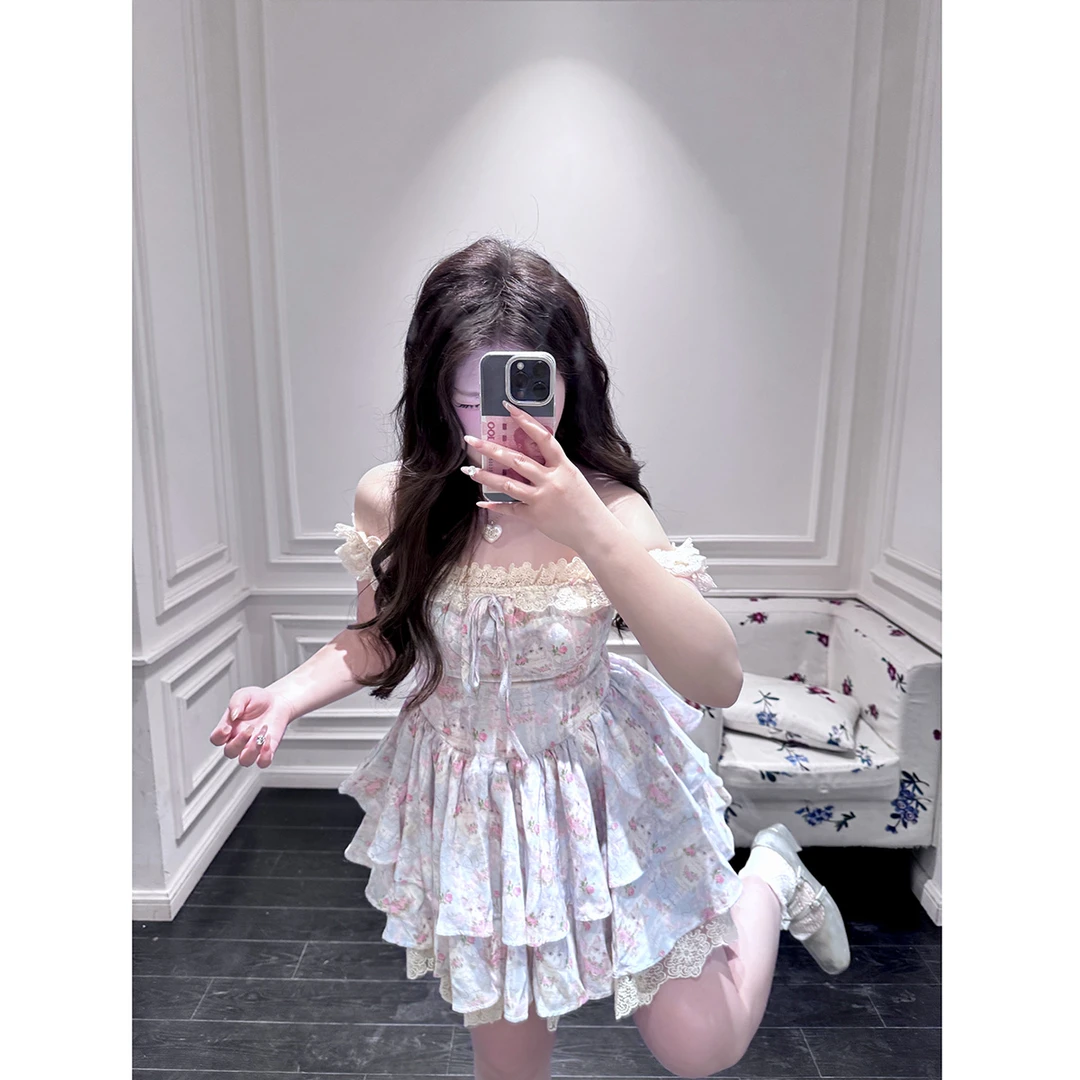 KIKI【蔷薇之恋】少女法式纯欲吊带连衣裙碎花收腰设计感A字蓬蓬裙