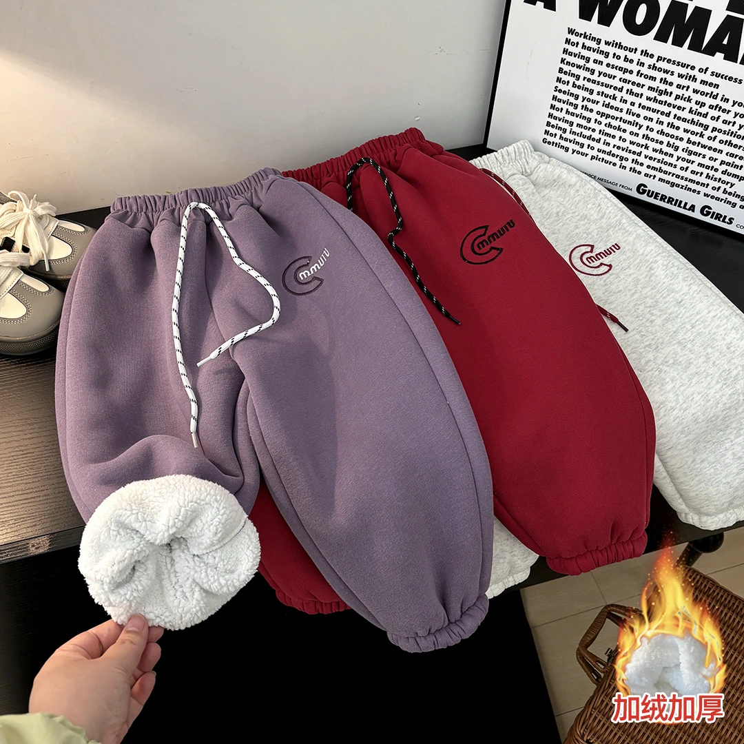 儿童加绒裤冬季男童女童保暖加厚卫裤刺绣中大童中性洋气长裤潮童