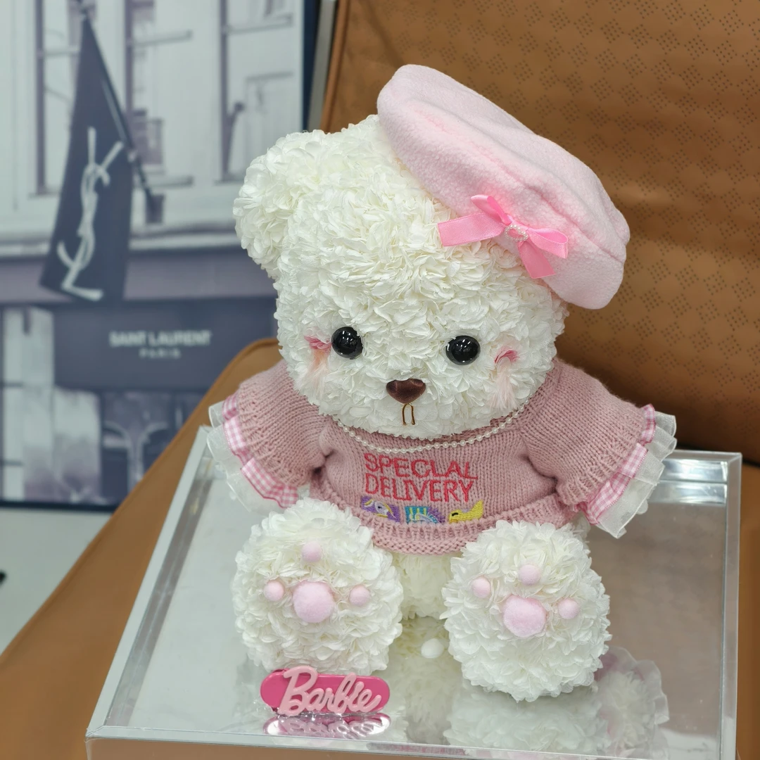 《L B D R》七夕情人节粉色贝雷帽莉莉熊永生花小熊摆件生日礼物盒