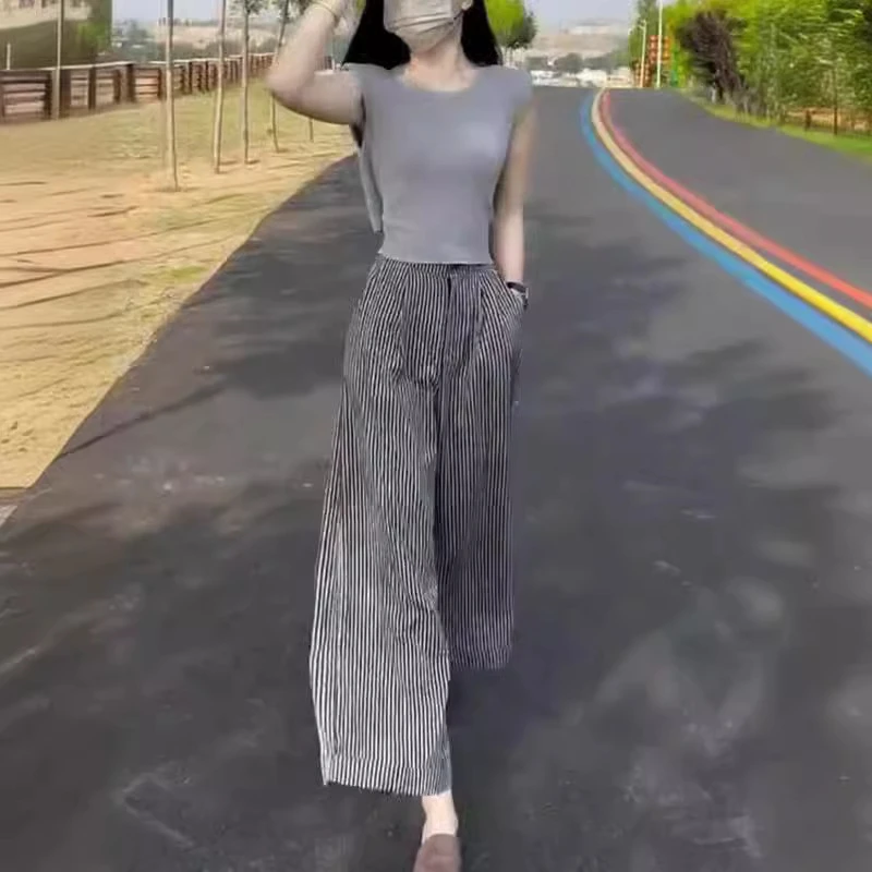夏季新款纯色无袖修身上衣条纹休闲阔腿裤女