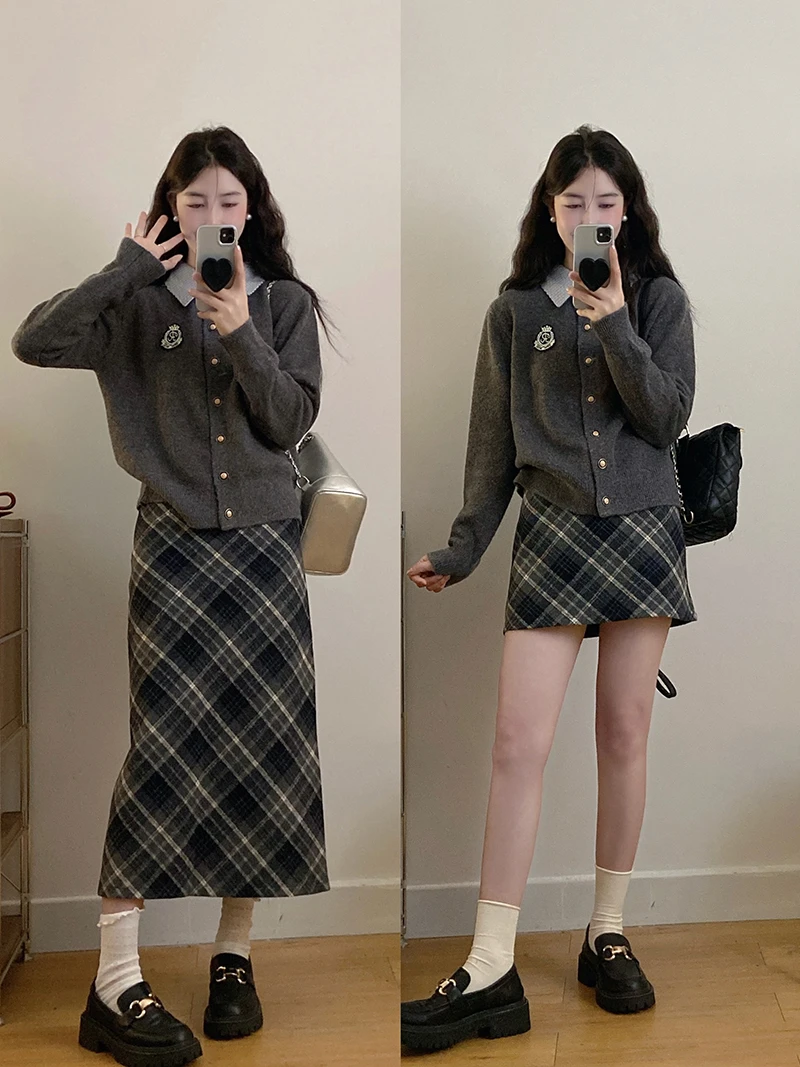 【有运补】秋装新款大码假两件衬衫领针织毛衣开衫格纹半身裙两件套