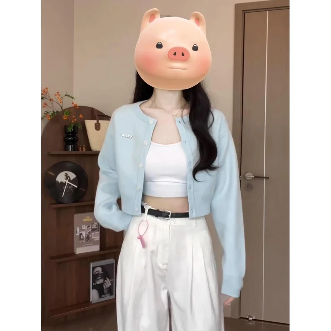 2025新款禅意感蓝色针织外套女早秋季小个子短款外搭上衣毛衣开衫