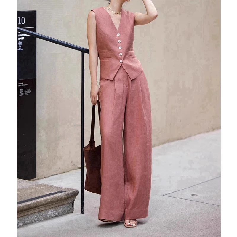 时尚静奢老钱风粉色高端亚麻套装女夏季西装无袖马甲阔腿裤两件套