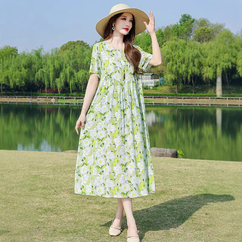 新款夏季高端棉绸连衣裙女中长款时尚洋气外穿人造棉碎花绵绸裙子