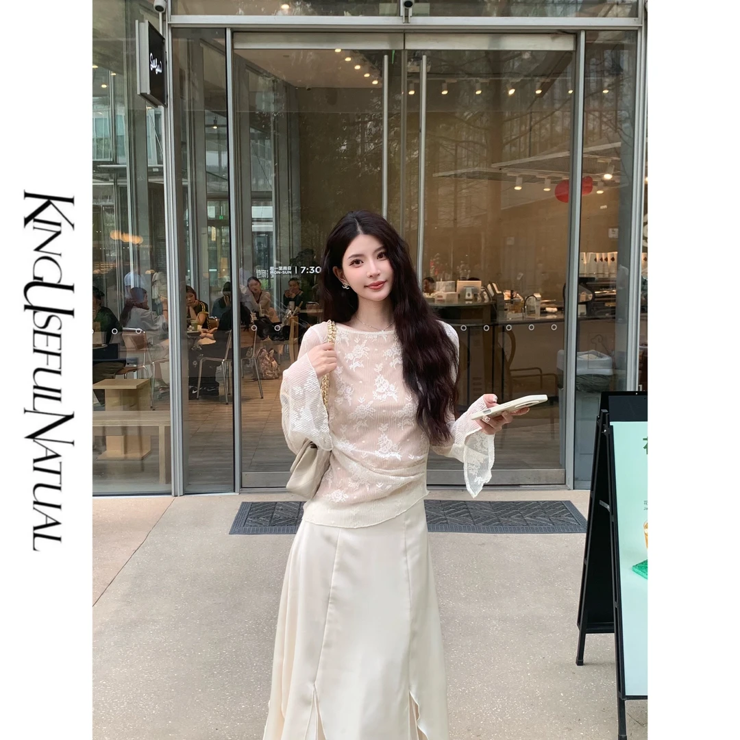 KUN【执花艺】灵动百搭 米色防晒蕾丝衬衫女收腰一字肩上衣夏季新款