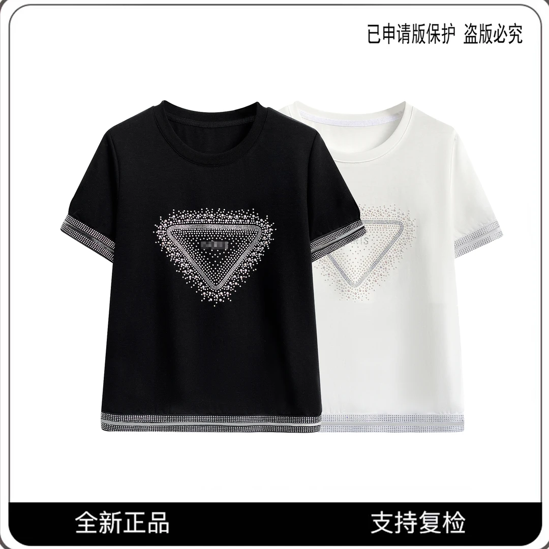 68106#CSIN轻奢重工烫钻拼接T恤2025春夏休闲圆领潮流个性上衣