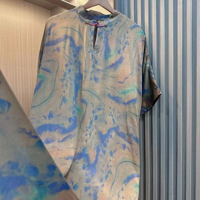 青川-新款国风立领晕染花色宽松连衣裙