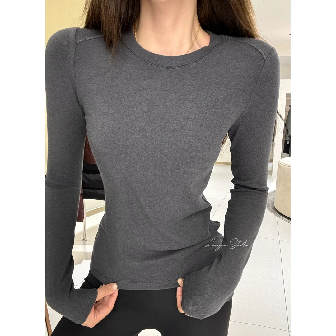 婉君【云朵T】百搭显瘦长袖修身圆领正肩设计感T恤LWJ24D4T2289