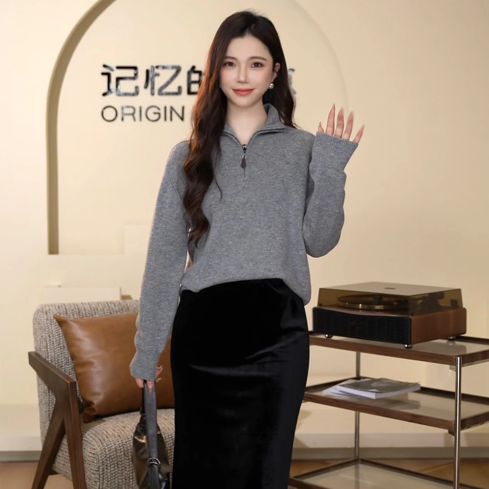 记忆的起点拉链立领针织衫毛衣上衣女68AD55758W