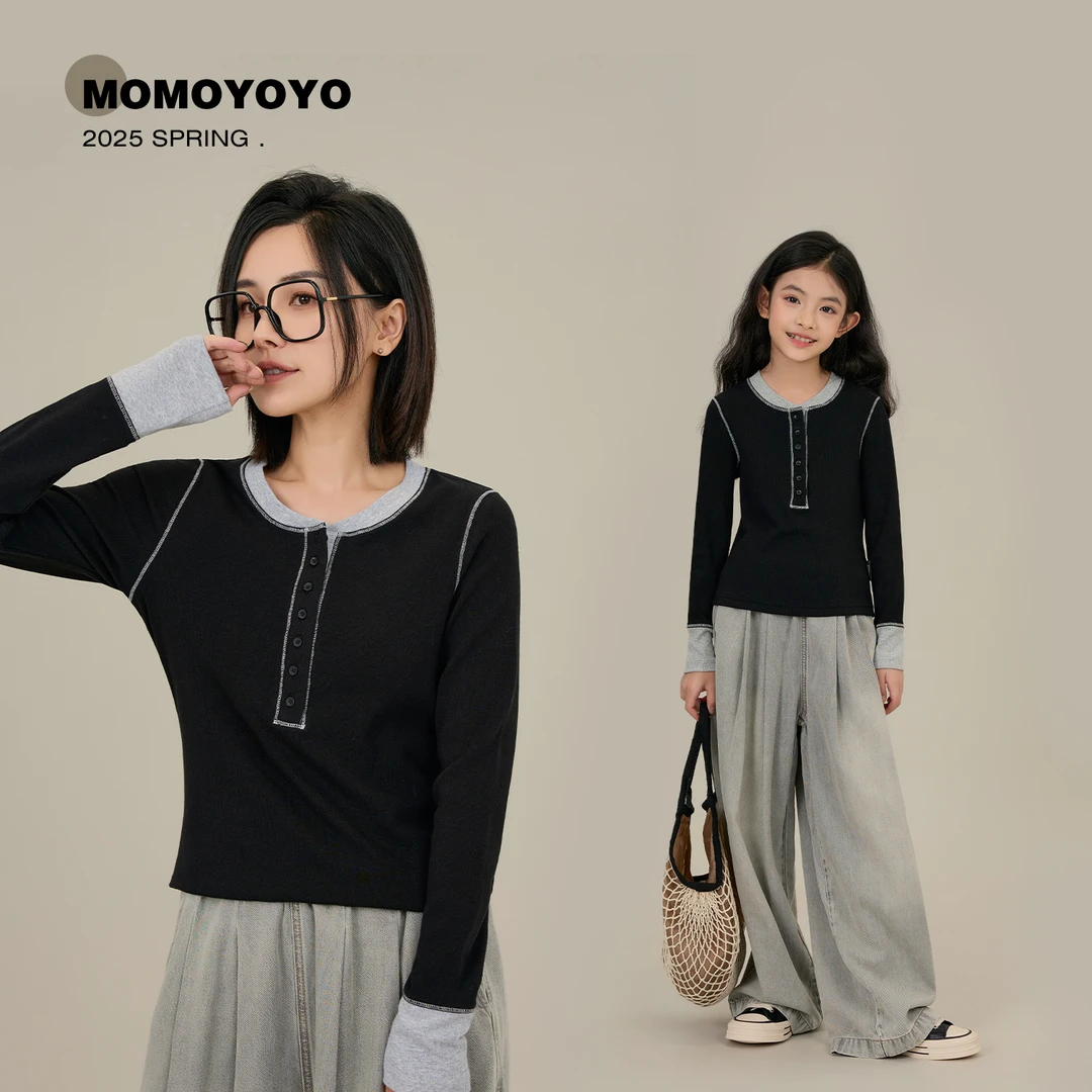 辰辰妈【碰撞】儿童撞色大弹力亨利衫亲子装女童春装洋气T恤7551D