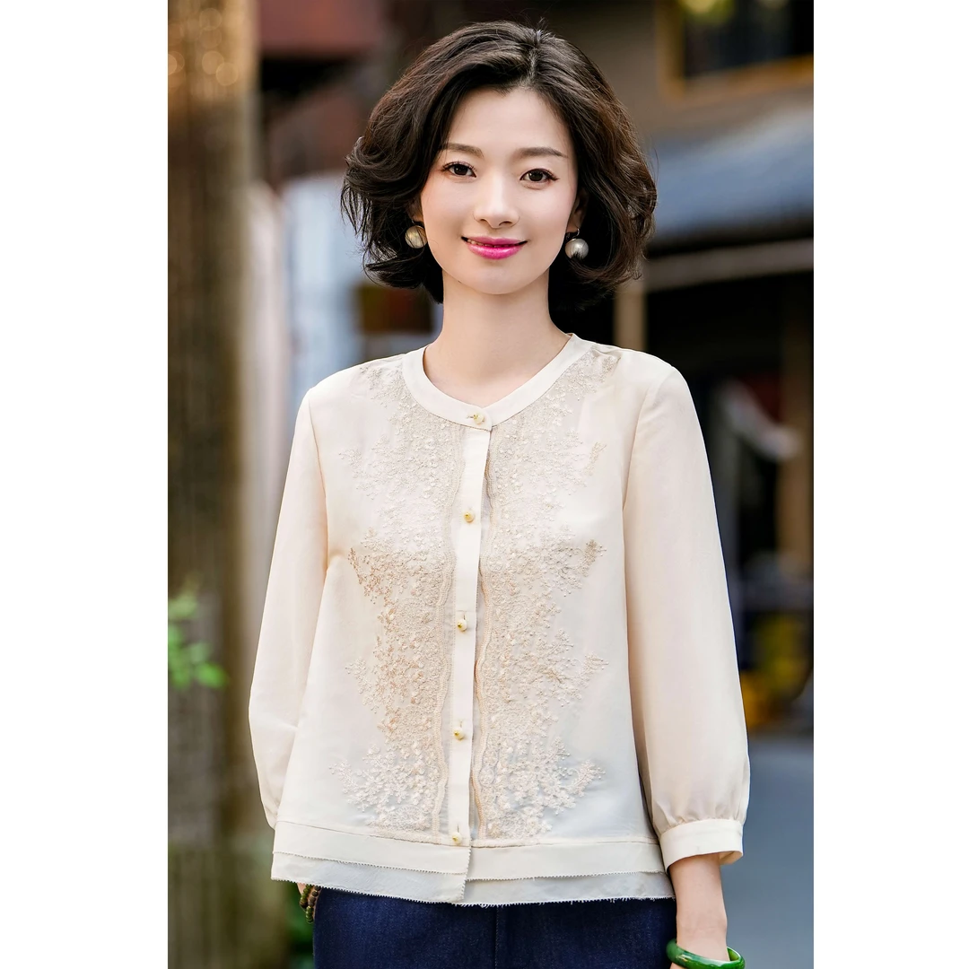 西子/【杏韵银华】桑蚕丝重磅醋酸七分袖重工刺绣圆领衬衫/CSTJ013