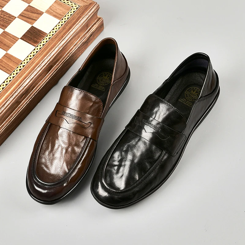 8168新款男士真皮牛皮休闲一脚蹬平底皮鞋男百搭时尚软底豆豆鞋男