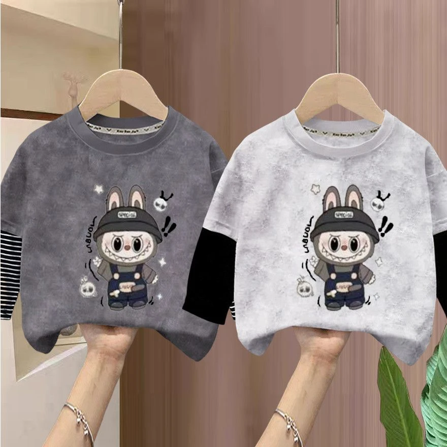 男童女童开学春秋季2025新款纯棉扎染长袖拉布卡通T恤假两件上衣t