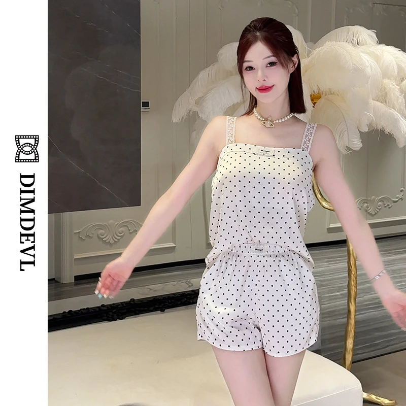 DIMDEVL/汀黛波点度假风蕾丝气质时尚吊带短裤睡衣家居服套装女夏