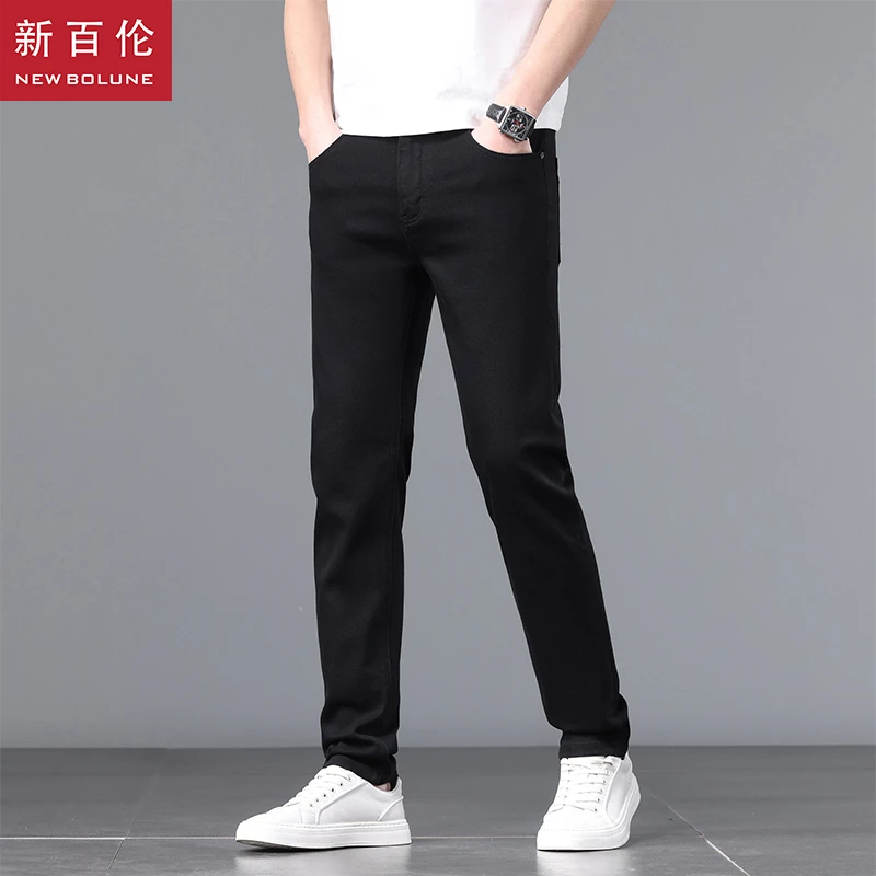 新百伦2025春季新款黑色牛仔裤休闲修身小脚显瘦弹力男士小直筒