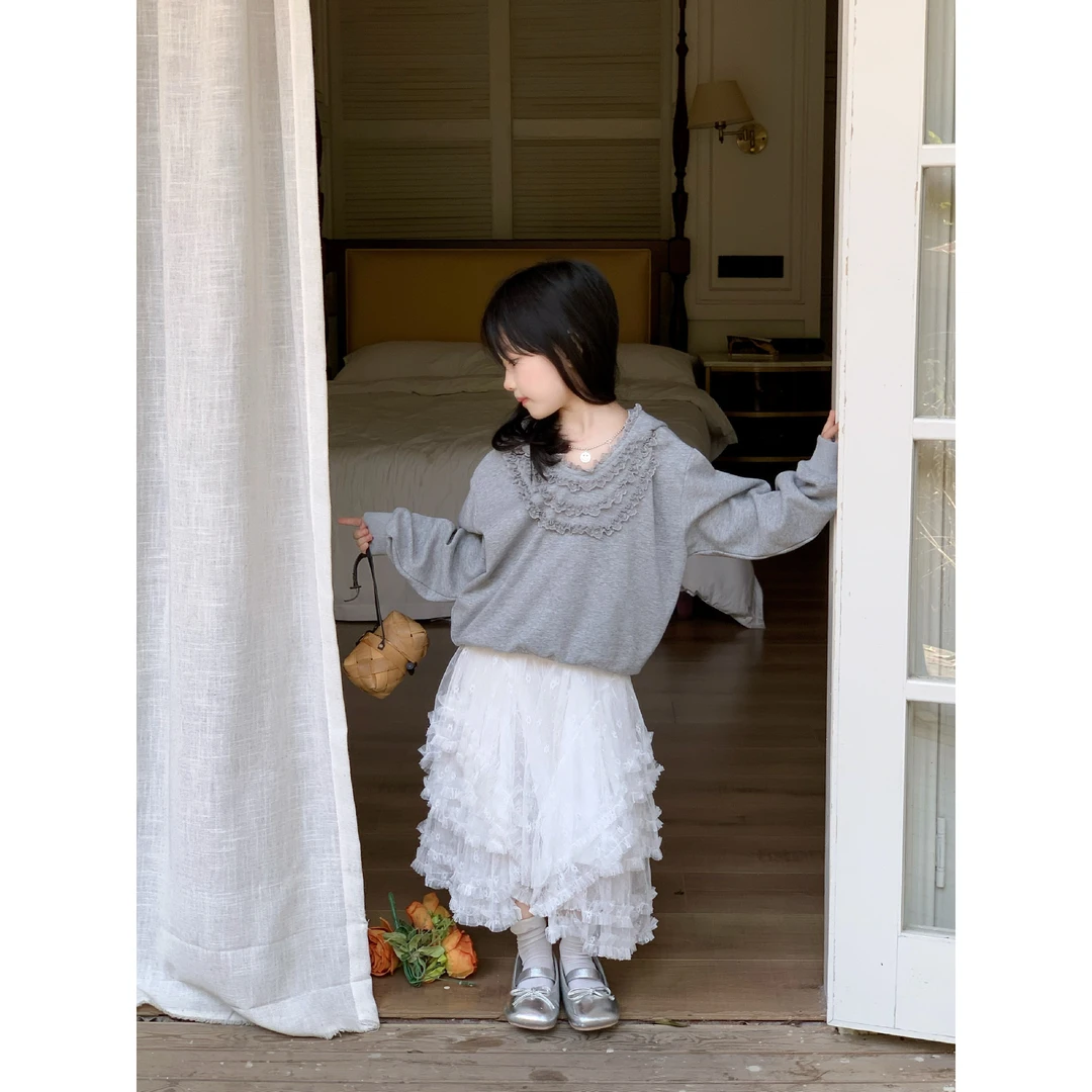 小粉象 ·女童秋季新款韩版连帽上衣打底帽衫花边蛋糕裙纱裙套装