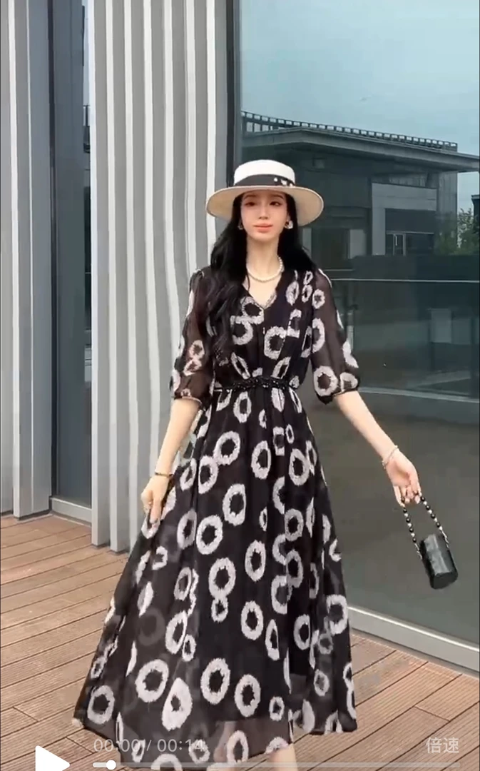 时尚百搭系带收腰V领雪纺中长连衣裙569