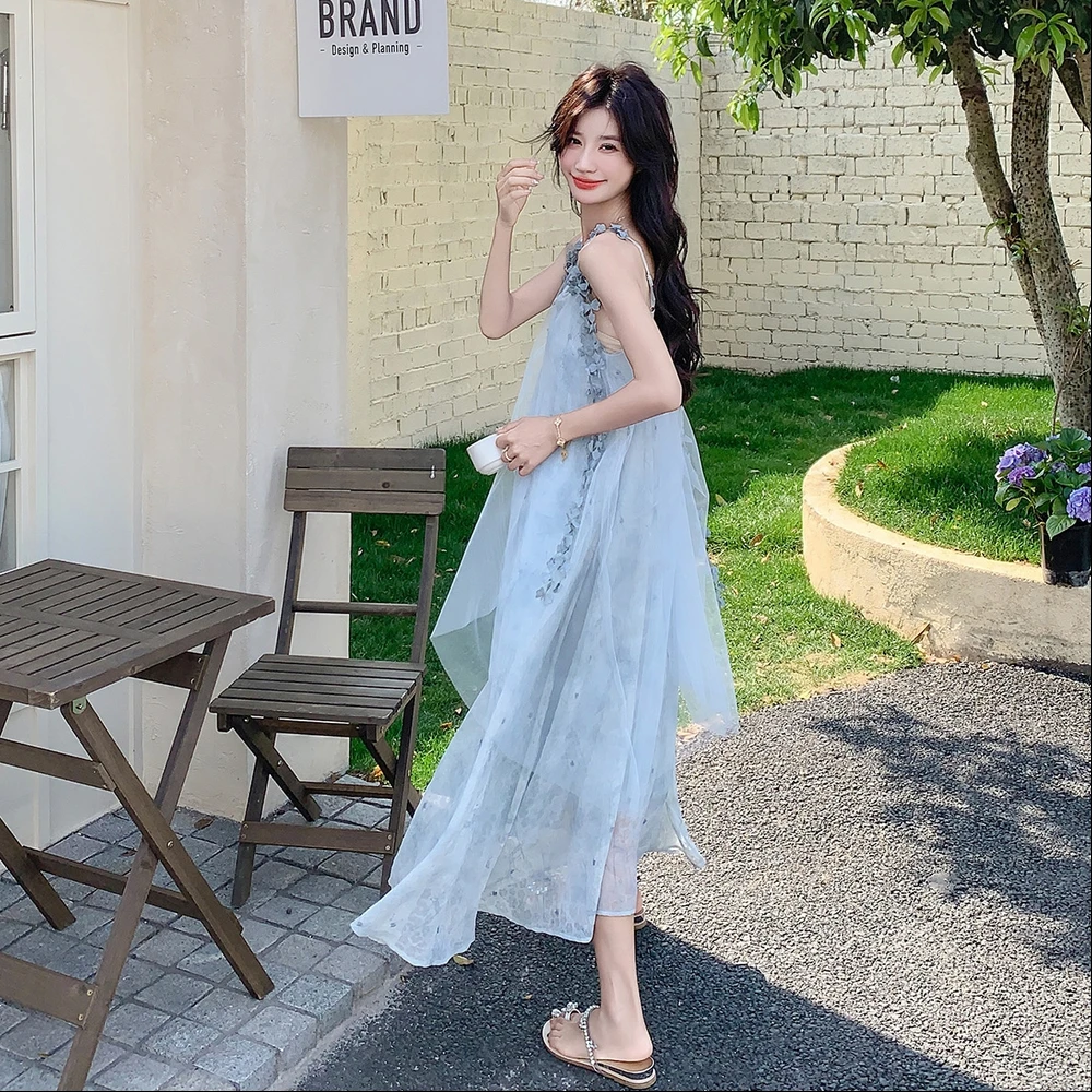 法式高级感小个子网纱吊带连衣裙女2025年夏季新款温柔风仙女裙子