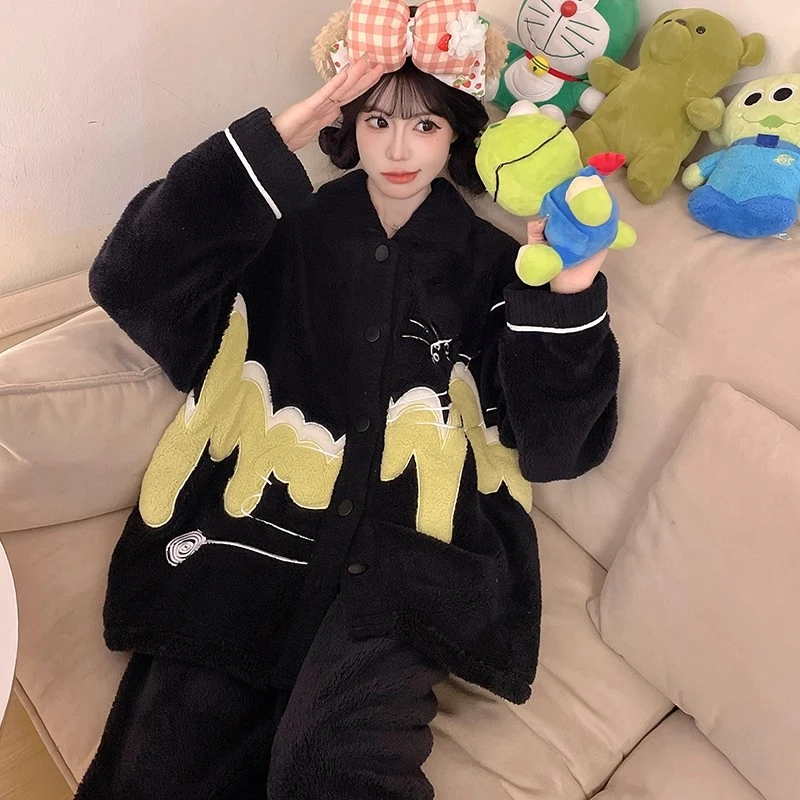 可外穿加厚冬季款珊瑚绒睡衣女士保暖法兰绒黑色秋冬天家居服套装