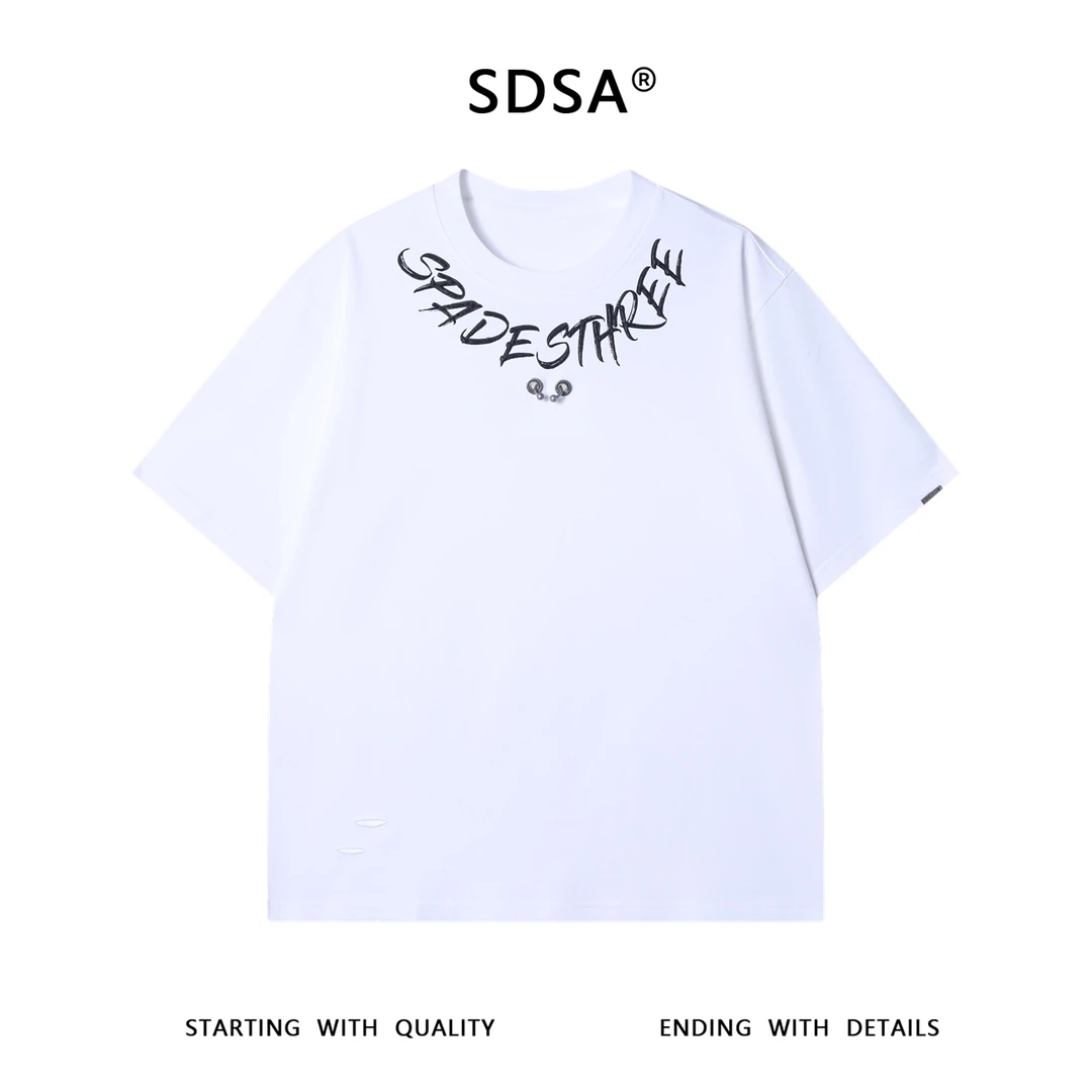 夏季高级感新款美式撞色领口印花字母短袖T恤鸡眼设计百搭上衣