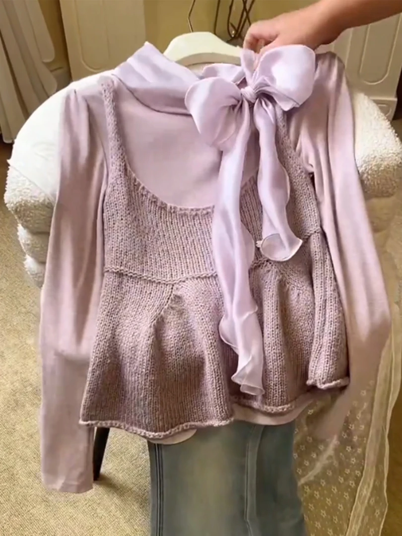 2025秋冬新款法式气质淑女时尚蝴蝶结飘带衬衫针织马甲女装两件套