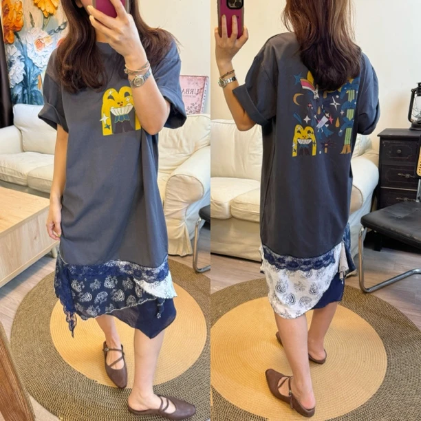 小众超有味道的裙子！韩国前后印花显瘦连衣裙下摆不规则复古拼接