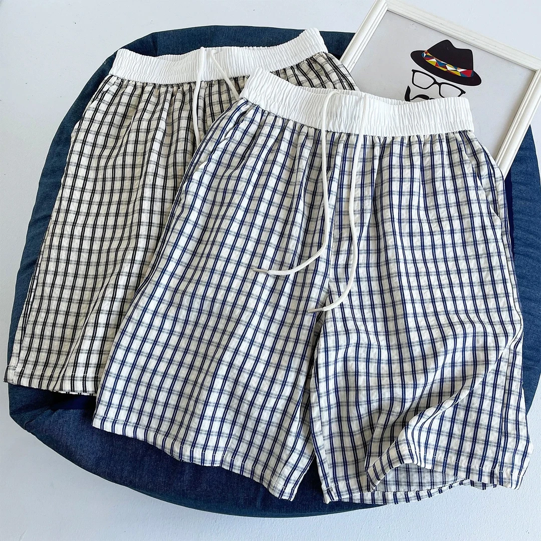 蓝色泡泡纱速干格子短裤男夏季薄款潮牌格纹运动五分裤冰丝沙滩裤