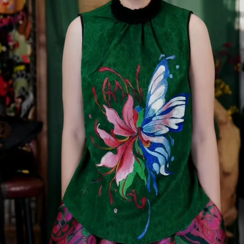 凤徕兮私人订制绿色暗纹手绘花蝴蝶花边领无袖背心上衣LS189