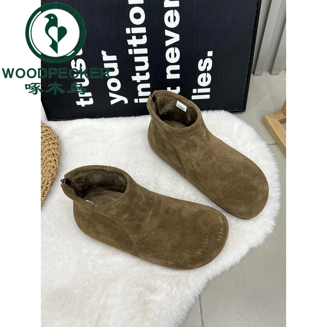 啄木鸟2025新款磨砂皮复古短靴女休闲平底女鞋百搭马丁靴女靴及裸