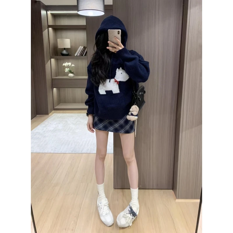 藏蓝色连帽宽松卫衣女款2025冬季新款小狗长袖时尚百搭气质上衣潮