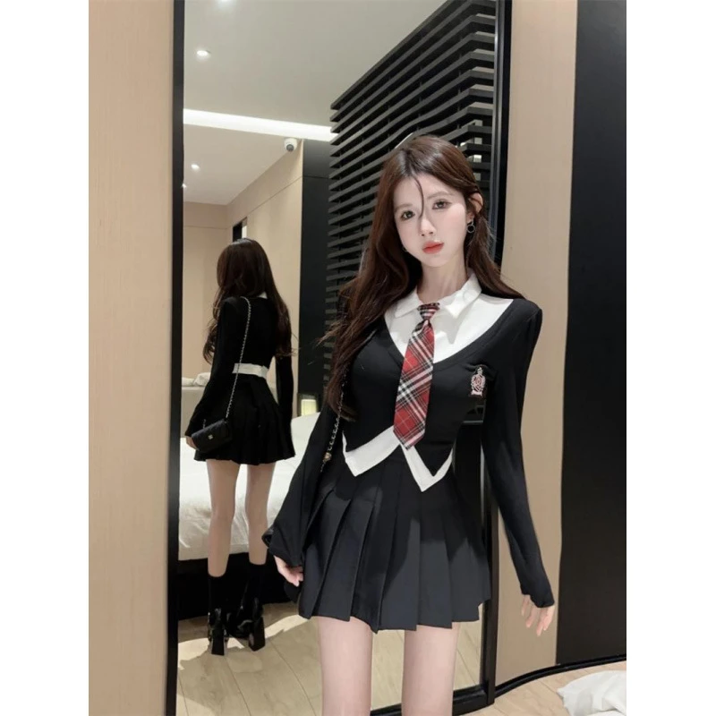 春秋学院风套装女美式甜辣jk制服针织假两件上衣高腰半身裙两件套